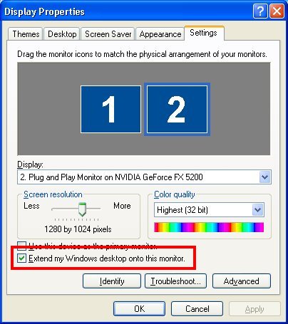 Display Properties dialog, Settings tab Display Properties
